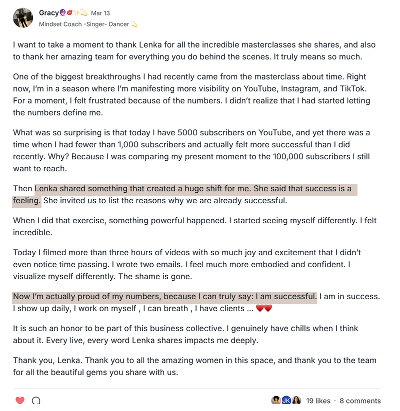 Testimonial from Gracy, Mindset Coach, Singer, Dancer