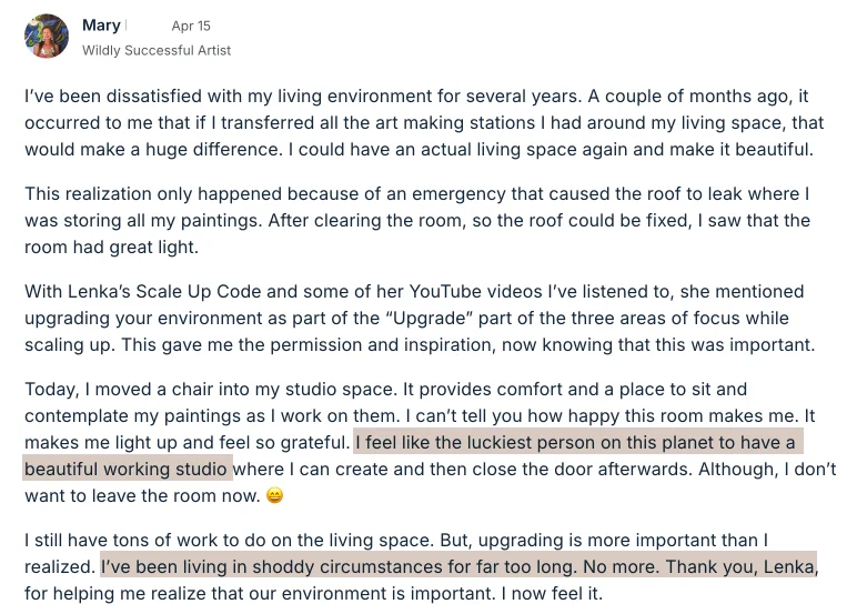 Testimonial from Mary, Wildly Successful Artist